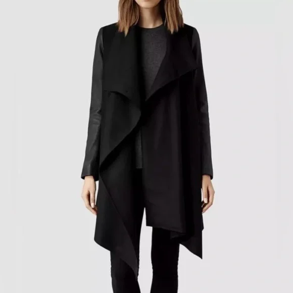 ALL SAINTS Hyde Monument Wool and Leather Blend Coat - Picture 3 of 15